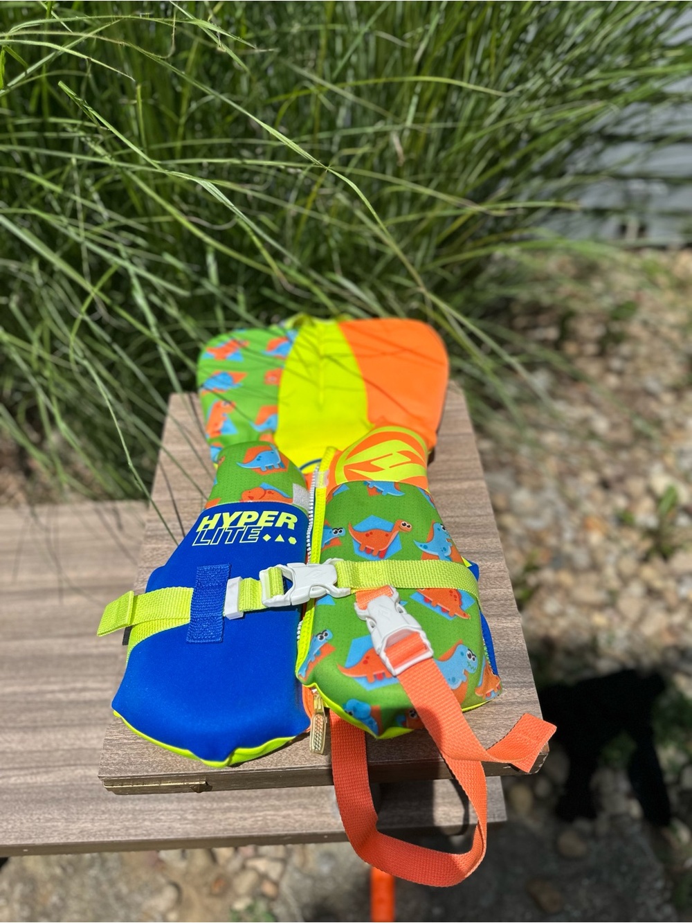 Hyperlite Baby Life Vest - Blue/Orange Dinosaur Theme, Weight  30 lb